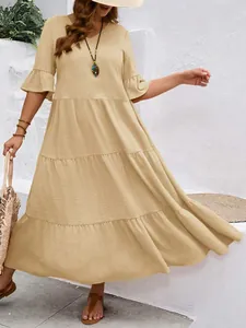 Plus size μάξι φόρεμα με λαιμόκοψη V, μανίκια με βολάν και χαλαρή καθημερινή γραμμή