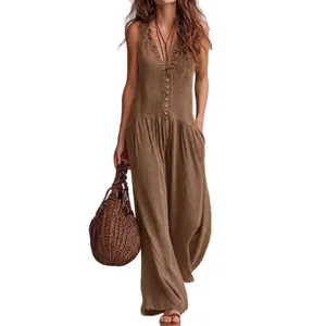 Boho-Jumpsuit für Damen mit V-Ausschnitt, ärmellos, weites Bein in Braun, entspannte Passform