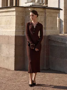 Elegant brown French-style ribbed knit dress with lapel and ruffle cuffs for autumn.