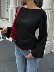 Women Elegant Boat Neck Flare Sleeve T-Shirt Slim Waist Solid Color Streetwear Polyester Long Sleeve Top