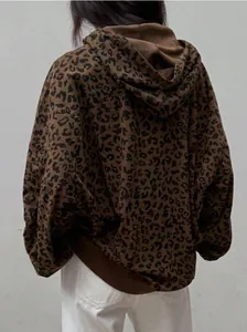 Back view detail of vintage leopard print corduroy hoodie with high-street style