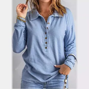 Haut polo décontracté à manches longues en tricot côtelé bleu clair pour femmes