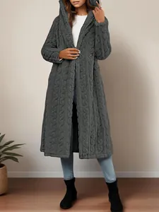 Full body view of a stylish grey long hooded plush coat with textured knit pattern.
