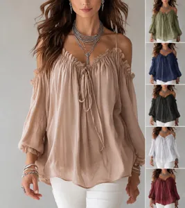 Elegante blusa con hombros descubiertos, volantes, cordón ajustable y mangas abullonadas