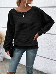 Detail view of casual black ribbed knit long sleeve sweater for women in a street setting