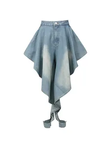 Pantalon en jean taille haute au design asymétrique irrégulier à volants en bleu vintage
