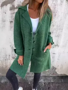 Casual women's green lapel cardigan coat with pockets and single-breasted buttons