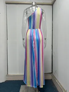 Detailed back view of a one-shoulder rainbow gradient sleeveless maxi dress on a mannequin