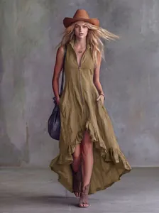 Detail of retro sleeveless olive dress with front zipper and ruffle asymmetrical hem.