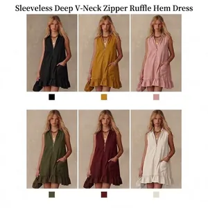 Women Sleeveless V Neck Half Zipper Mini Dress With Double Pockets Ruffle Hem A-Line Solid Color Summer Casual Party Fashion Dress