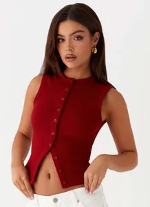 Slim fit red ribbed sleeveless button-down tank top for women casual summer fashion wear