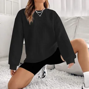Sweatshirt décontracté noir pour femme en maille gaufrée avec col rond en intérieur