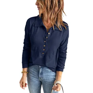 Élégant polo bleu marine à manches longues en tricot gaufré avec boutons pour femme