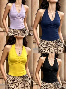 Donna Sexy Scollo a V Halter Top Increspato Aderente Tinta Unita Poliestere Schiena Scoperta Stringato Canotta Estate Casual Chic Cami Top
