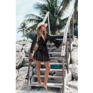 Elegant black lace V-neck beach cover-up dress for summer vacation and poolside