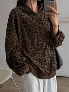 Women's vintage leopard print corduroy hoodie with a cozy oversized high-street fit
