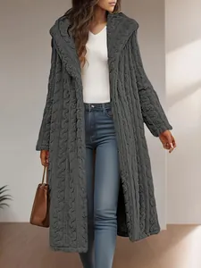 Full length detail of a chic grey hooded coat featuring unique wavy textured fabric
