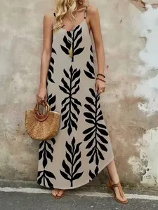 Elegante vestido largo bohemio de tirantes con estampado de hojas para vacaciones