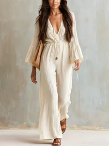 Elegant Bohemian cream V-neck wide-leg jumpsuit with flared sleeves for women fashion