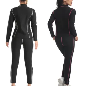 Détails du dos d'un ensemble sauna pour femme avec surpiqûres blanches et roses