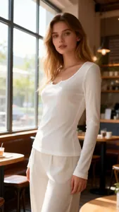 Detail view of a white ribbed long-sleeved T-shirt with a stylish double U-neck design