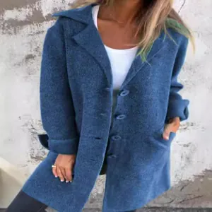 Women's elegant solid blue lapel coat with single-breasted buttons and side pockets.
