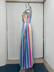 Side profile view of a colorful gradient striped sleeveless high waist maxi dress for women