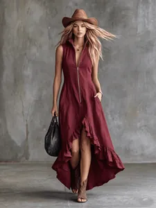 Model wearing a burgundy retro sleeveless dress with ruffled high-low hem and zip front
