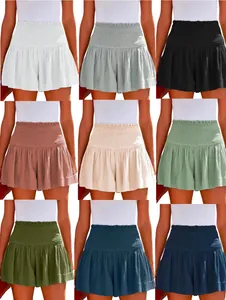 Women High Waisted Smocked Skort Linen Ruffle Hem Solid Color Casual Summer Beach Shorts Skirt Bottoms