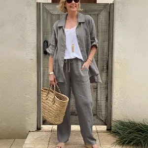 Elegantes 2-teiliges graues Leinenhemd und Kordelzug-Hose Set für Damen im urbanen Stil