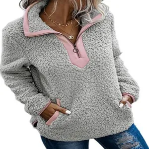 Sweat-shirt douillet en peluche de laine d'agneau gris et rose pour femme mode hiver