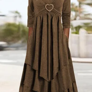 Women Casual Solid Color Long Sleeve Tiered Hem Midi Dress Heart Decoration Retro Western Style Polyester Slimming Dress