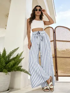 Casual blue and white striped wide-leg pants for women with high waist summer design