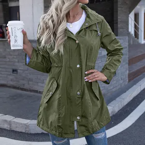 Stylish women's olive green long hooded raincoat with adjustable drawstring waist and pockets