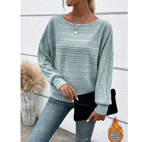 Women's sage green ribbed knit long sleeve pullover sweater with thermal lining detail