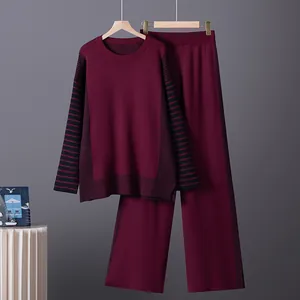 Women Elegant Striped Knit Top And Bottom Long Sleeve Round Neck Sweater Wide Leg Pants Casual Fashion Office Lounge Wear
