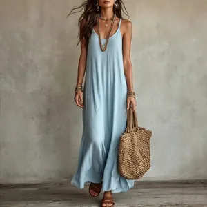 Robe longue bohème bleu clair ample et confortable pour les vacances d'été à la plage