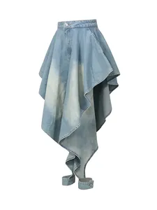 Jupe en jean irrégulière à taille haute tendance avec délavage vintage pour femmes