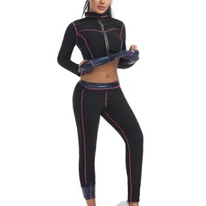 Combinaison de sauna noire pour femme avec coutures roses et doublure thermique bleue