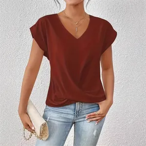 Women V Neck Short Sleeve T-Shirt Elegant Ruched Twist Knot Hem Solid Color Polyester Casual Summer Pullover Top For Women