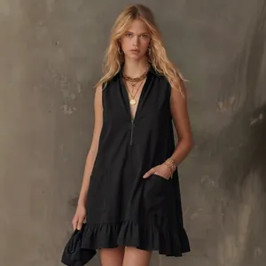 Elegant black sleeveless A-line dress with half-zipper V-neck and ruffled hem detail