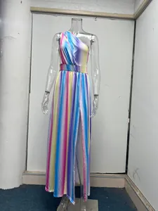 Detailed view of one-shoulder rainbow striped maxi dress with high waist and side slit