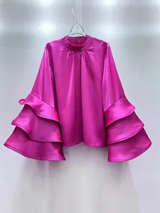 French style magenta satin blouse with triple-layered ruffle sleeves and mock neck