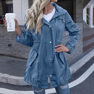 Women's mid-length hooded waterproof rain jacket with drawstring waist in blue