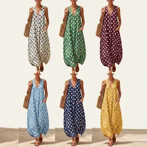 Damen Retro Punktmuster V-Ausschnitt Ärmellos Kleid Sommer Lose Ballonsaum Midikleid Mit Doppeltaschen Lässig Urlaub Strandmode