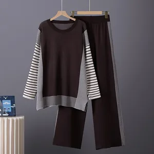 Elegant two-piece knit lounge set with striped panel sweater and wide-leg trousers