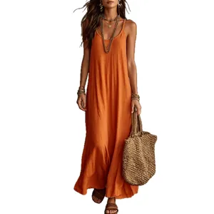 Robe longue bohème orange vif, coupe ample décontractée idéale pour vacances à la mer