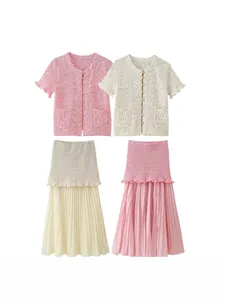 Zomerse 2-delige set met stijlvol gebreid vest en geplooide rok outfit voor dames