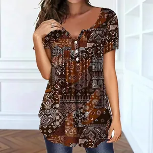 Women Plus Size V Neck Paisley Printed Top Casual Short Sleeve Polyester T-Shirt Button Elegant Loose Fit Summer Clothing