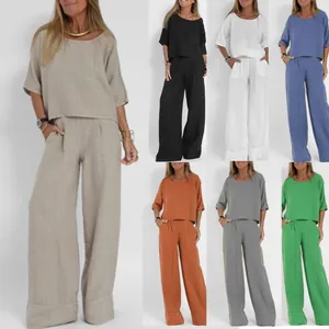 Damen Casual Baumwolle Leinen Hose Set Einfarbig Kurzarm Rundhals Top Und Lose Weite Beine Hosen Sommer Outfits